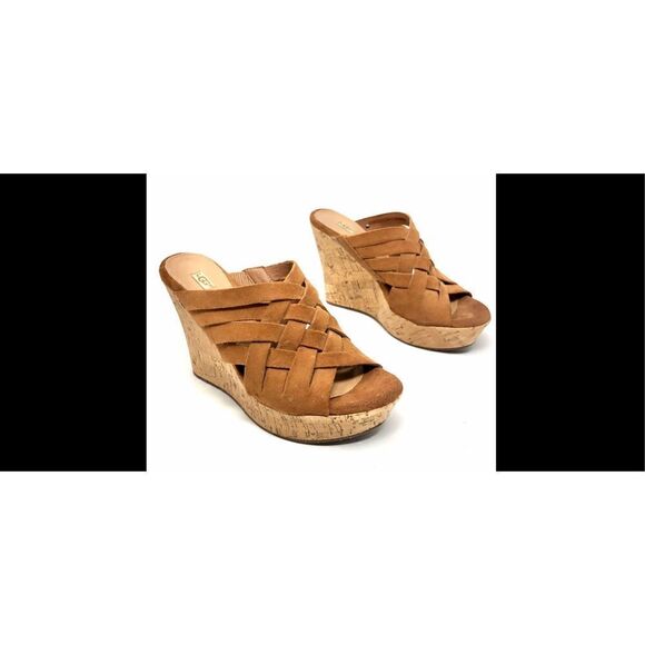 UGG Marta chestnut cork, slip on wedges, size 8W soft suede with woven straps al - Picture 1 of 12
